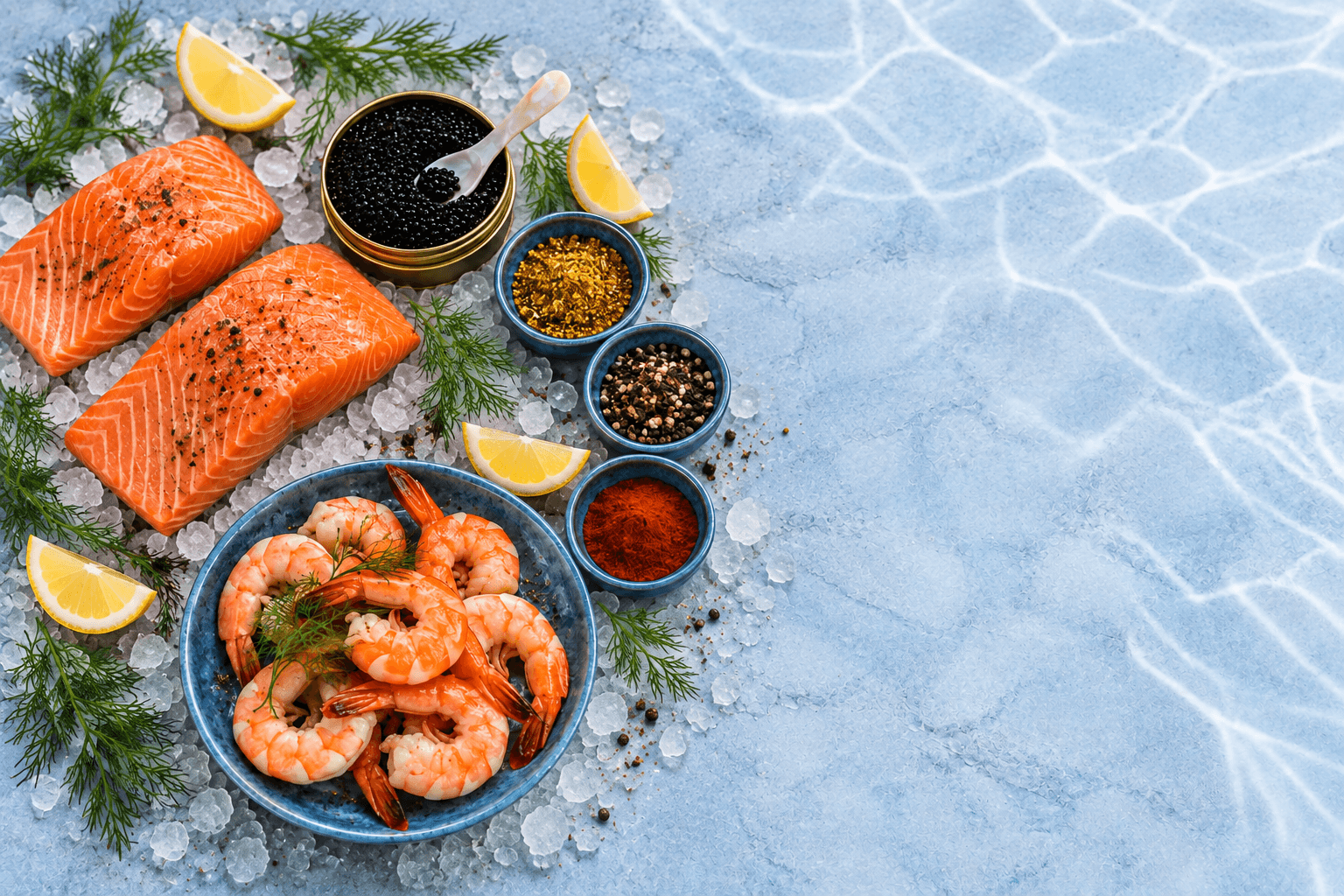 چیدمان میگو، ماهی، خاویار و ادویه‌های دریایی